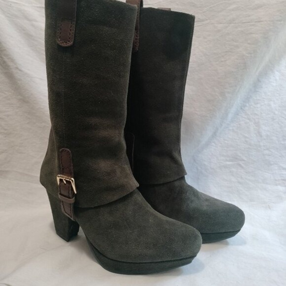 Earthies Lintz Pine‎ Green Suede Fold Over Platform Heeled Boots Size 7B